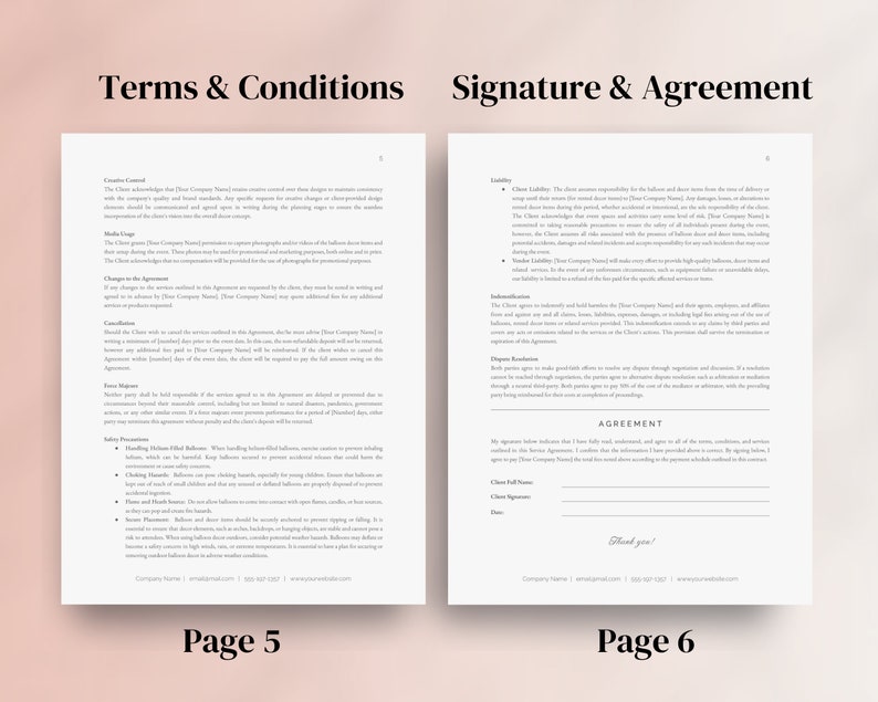 May include: A black and white document with the title "Terms & Conditions" and "Signature & Agreement". The document includes a list of terms and conditions for a service agreement, including liability, indemnification, and dispute resolution. The document also includes a signature line for the client to sign.