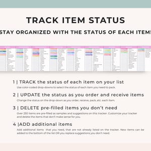 May include: A digital planner page with the text "TRACK ITEM STATUS" and instructions for organizing items. The page includes a color-coded chart and numbered steps for tracking and updating item statuses.