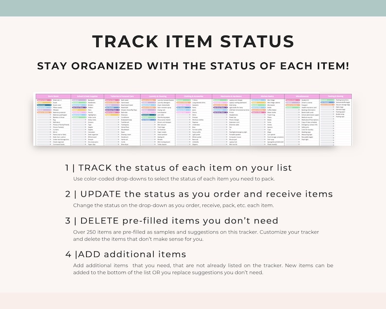 May include: A digital planner page with the text "TRACK ITEM STATUS" and instructions for organizing items. The page includes a color-coded chart and numbered steps for tracking and updating item statuses.