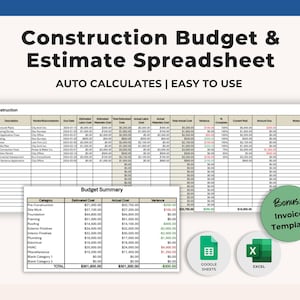 Konstruktion Budget & Schätzung Tabelle | Konstruktion Angebot Vorlage | Kostentracker Arbeitsblatt | -Renovationsplaner | Excel und Google Docs