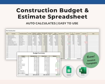 Construction Budget & Estimate Spreadsheet | Construction Bid Template | Cost Tracker Worksheet | Renovation Planner | Excel and Google Docs