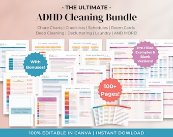 Può includere: Una raccolta di tabelle e liste di controllo per la pulizia stampabili, progettate per le persone con ADHD. Il pacchetto include oltre 100 pagine di modelli personalizzabili per la pulizia profonda, il disordine, il bucato e molto altro. L'immagine mostra una varietà di tabelle colorate con titoli come "Pulizia profonda", "Pulizia rapida", "Programma di lavaggio", "Manutenzione della casa" e "Pulizia degli animali domestici". Sono anche visibili i testi "Con bonus!" e "Esempi precompilati e versioni vuote!"