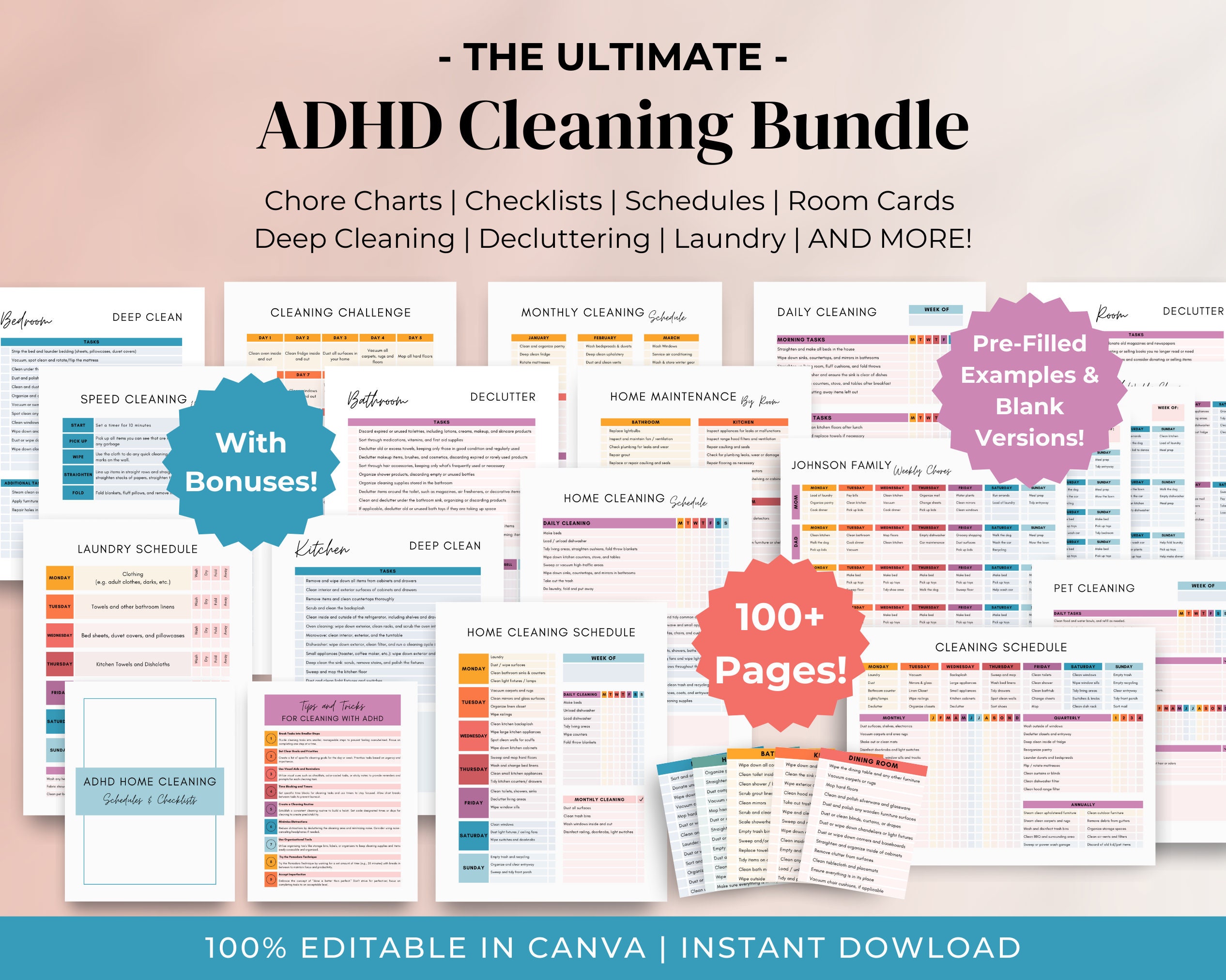 Editable ADHD Cleaning Checklist Bundle Cleaning Schedule Templates ...