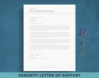 Sorority Letter of Recommendation Template | Letter of Support Example for Rush Recruitment | LOR / LOS | Character Reference | Google Docs