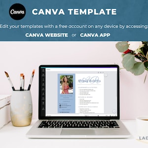 May include: A laptop computer displaying a Canva template for a resume. The template features a blue background with a photo of a woman in a red dress. The text "Abigail Roberts" is at the top of the resume.