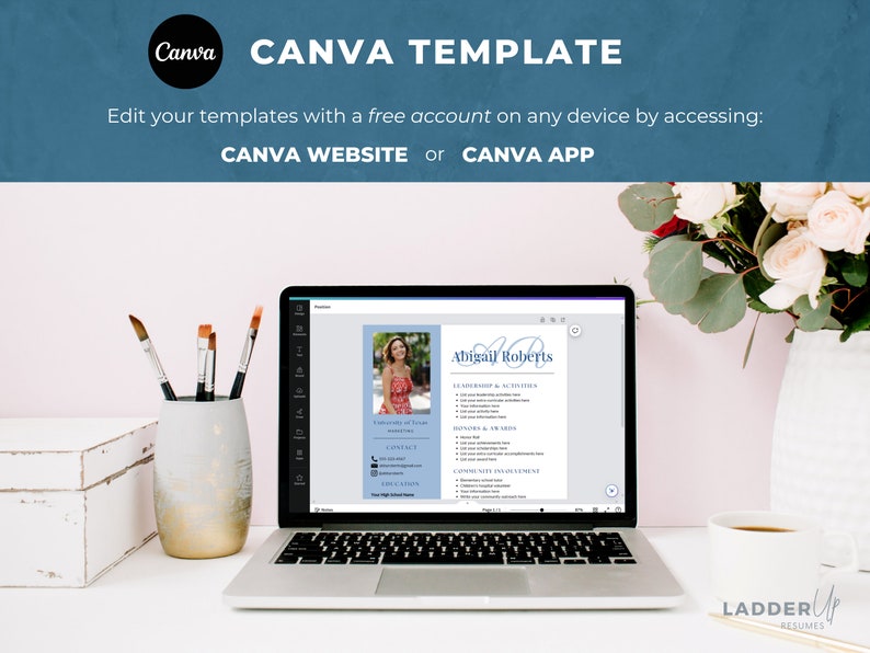 May include: A laptop computer displaying a Canva template for a resume. The template features a blue background with a photo of a woman in a red dress. The text "Abigail Roberts" is at the top of the resume.