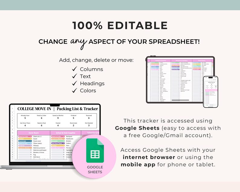 May include: An image showcasing a spreadsheet template for college move-in packing. The text highlights the spreadsheet's editability, including columns, text, headings, and colors. It is accessible via Google Sheets on a laptop, tablet, and phone.