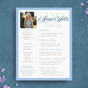 Blue Green Sorority Resume Template | Editable Sorority Recruitment Rush Resume Template with Photo | College Social Resume Packet | Canva