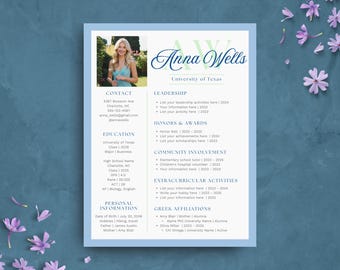 Blue Green Sorority Resume Template | Editable Sorority Recruitment Rush Resume Template with Photo | College Social Resume Packet | Canva
