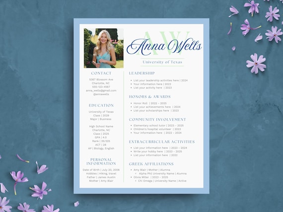 Blue Green Sorority Resume Template | Editable Sorority Recruitment Rush Resume Template with Photo | College Social Resume Packet | Canva