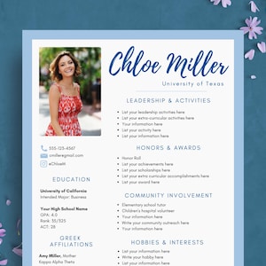 Blue Sorority Resume Template with Photo | Editable Rush Resume Template w/ Cover Letter | College Social Resume | Sorority Packet