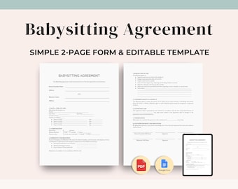 Simple Babysitting Agreement Form | Editable Babysitter Contract Template | Nanny Agreement | Childcare Service Sheet | PDF & Google Docs