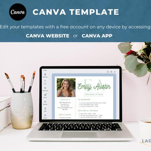 May include: A laptop displaying a resume template with the name "Emily Austin" in green text. The laptop is on a white desk with paintbrushes, a white box, and a coffee cup. The image includes the text "CANVA TEMPLATE".