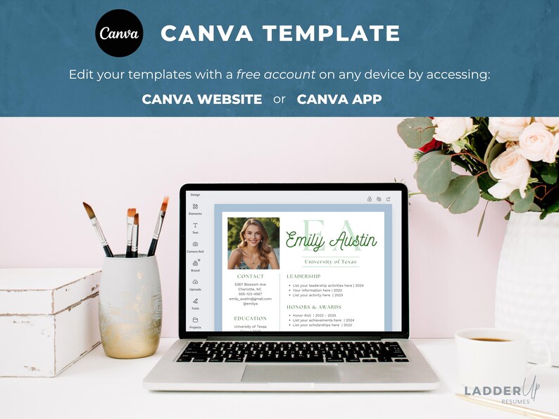 May include: A laptop displaying a resume template with the name "Emily Austin" in green text. The laptop is on a white desk with paintbrushes, a white box, and a coffee cup. The image includes the text "CANVA TEMPLATE".