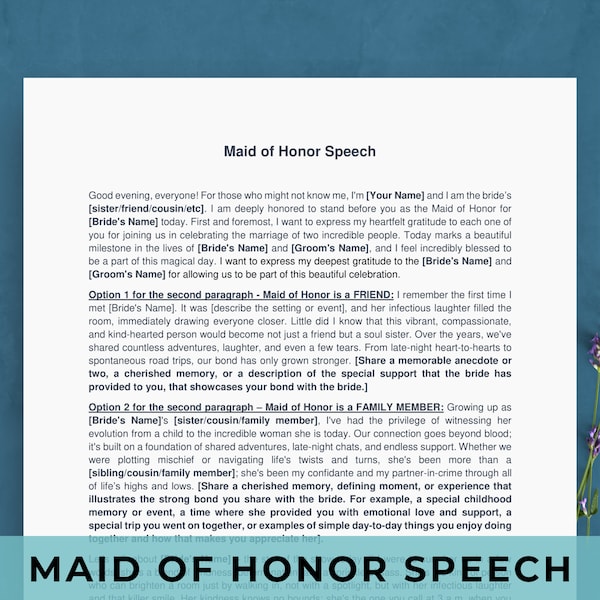 Editable Maid of Honor Speech Template | Matron of Honour / Bridesmaid Wedding Speech Example | Toast to Bride | Mother / Father of Bride