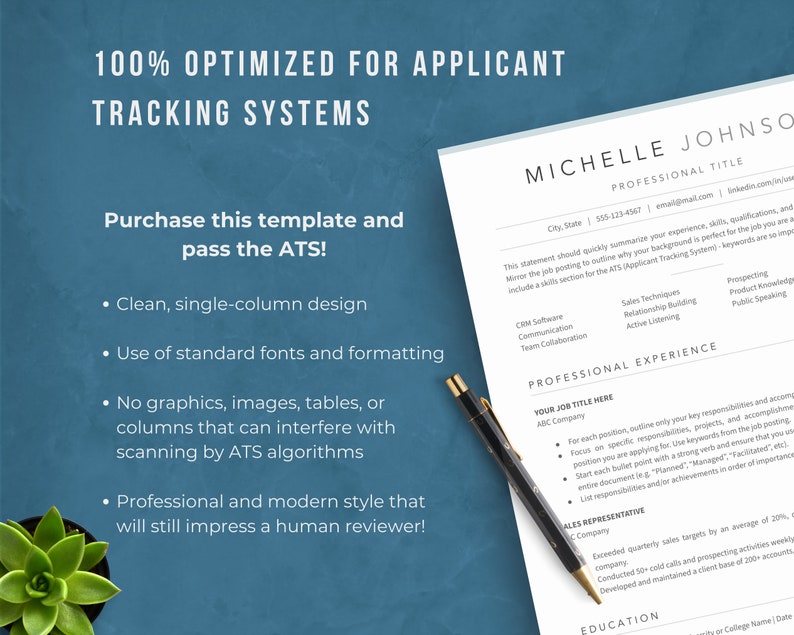 ATS Friendly Format and Optimized professional and simple resume template on blue background.
