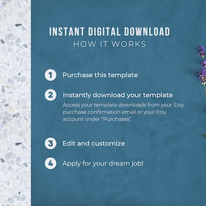 May include: A blue background with white text explaining how to download a digital template. The text reads "INSTANT DIGITAL DOWNLOAD HOW IT WORKS" and lists four steps: 1. Purchase this template, 2. Instantly download your template, 3. Edit and customize, 4. Apply for your dream job! A sprig of lavender is in the upper right corner of the image.
