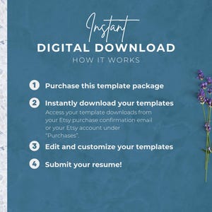 Puede incluir: Un fondo verde azulado con texto blanco que dice "Descarga digital instant&aacute;nea C&Oacute;MO FUNCIONA". Los pasos incluyen la compra de un paquete de plantillas, la descarga de plantillas, la edici&oacute;n y personalizaci&oacute;n y el env&iacute;o de un curr&iacute;culum. Una ramita de flores moradas est&aacute; en la imagen.