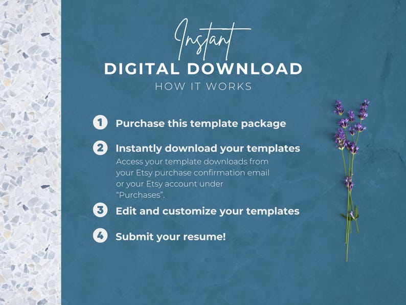 Puede incluir: Un fondo verde azulado con texto blanco que dice "Descarga digital instant&aacute;nea C&Oacute;MO FUNCIONA". Los pasos incluyen la compra de un paquete de plantillas, la descarga de plantillas, la edici&oacute;n y personalizaci&oacute;n y el env&iacute;o de un curr&iacute;culum. Una ramita de flores moradas est&aacute; en la imagen.