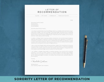 Sorority Letter of Support (LOS) Template for Sorority Recruitment | Letter of Recommendation (LOR) Example | Rush Character Reference