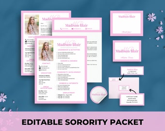 Pink Sorority Packet, Editable Sorority Resume Template with Photo, Rush Resume Template & Sample Cover Letters, College Social Resume