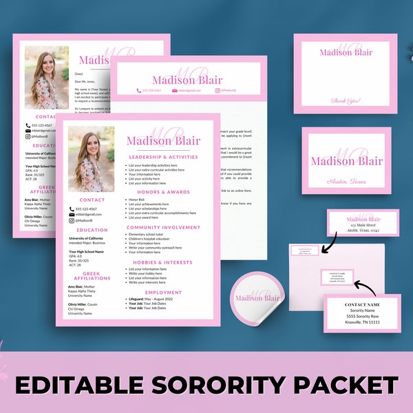 Pink Sorority Packet, Editable Sorority Resume Template with Photo, Rush Resume Template & Sample Cover Letters, College Social Resume