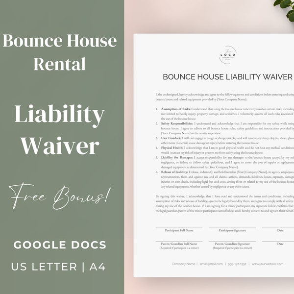 Bounce House Liability Waiver Form Template | Bounce House Rental Agreement Contract Waiver | Release Form | BONUS Bounce House Rules