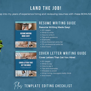 Sample and example how to write a resume guide and how to write a cover letter guide, on a blue background.