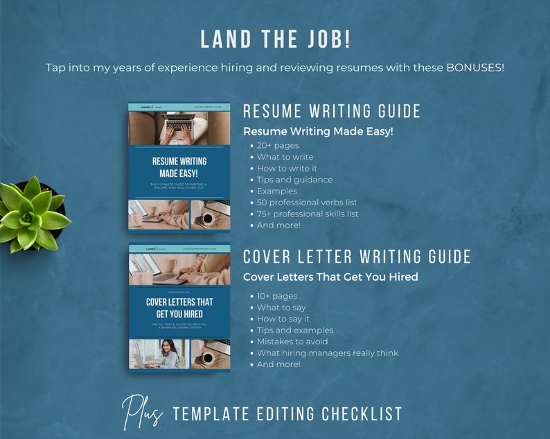 Sample and example how to write a resume guide and how to write a cover letter guide, on a blue background.