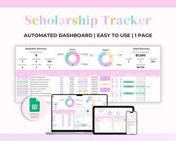 Scholarship Tracker Spreadsheet | Google Sheets | College Scholarship Application Tracker | Student Academic Planner for School | University
