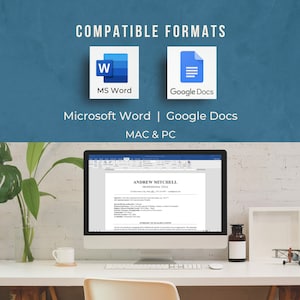 Może przedstawiać: Ekran komputera wyświetlający dokument Microsoft Word z tekstem "ANDREW MITCHELL" u g&oacute;ry. Dokument to życiorys. Ekran znajduje się na białym biurku z białym kubkiem, małą figurką samolotu i białą ramką.