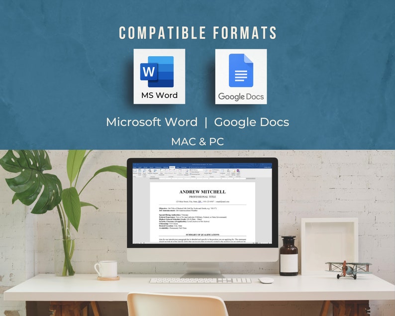 Może przedstawiać: Ekran komputera wyświetlający dokument Microsoft Word z tekstem "ANDREW MITCHELL" u g&oacute;ry. Dokument to życiorys. Ekran znajduje się na białym biurku z białym kubkiem, małą figurką samolotu i białą ramką.