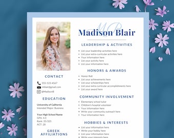 Blue Monogram Sorority Resume Template with Photo, Editable Rush Resume Template w/ Cover Letter, College Social Resume, Sorority Packet