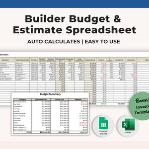 May include: A digital spreadsheet labelled "Builder Budget & Estimate Spreadsheet" with the text "AUTO CALCULATES | EASY TO USE". The spreadsheet includes a budget summary and invoice template. Icons for Google Sheets and Excel are also present.