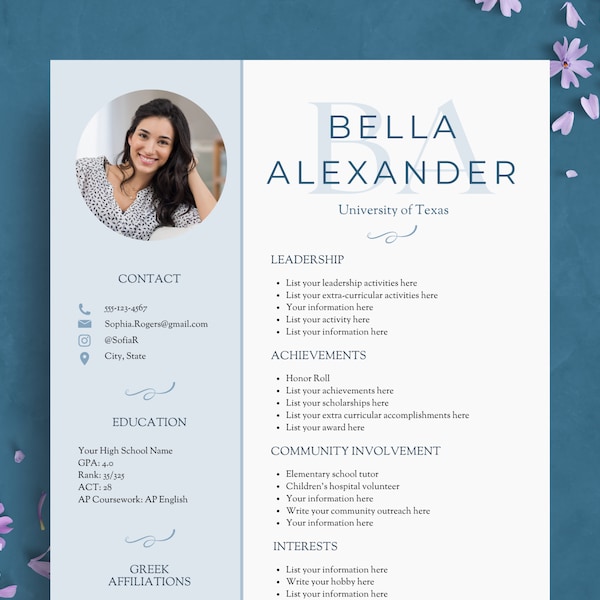 Sorority Resume Template | Light Blue Rush Resume Template for Sorority Recruitment | College Social Resume Packet with Cover Letter