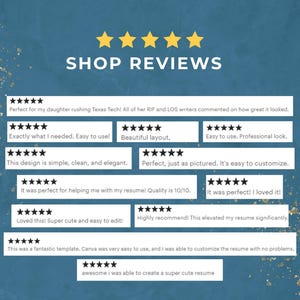 Puede incluir: Un fondo azul con detalles dorados brillantes y el texto "SHOP REVIEWS" en blanco. Debajo, rese&ntilde;as de clientes con calificaciones de cinco estrellas, que elogian la facilidad de uso, el dise&ntilde;o y las opciones de personalizaci&oacute;n del producto. Las rese&ntilde;as destacan el impacto positivo del producto.