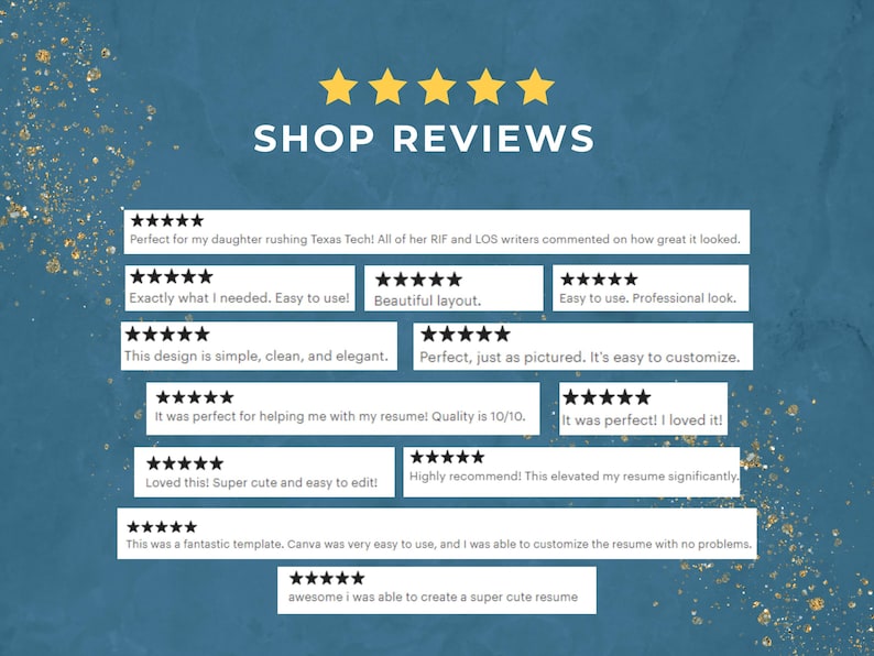 Puede incluir: Un fondo azul con detalles dorados brillantes y el texto "SHOP REVIEWS" en blanco. Debajo, rese&ntilde;as de clientes con calificaciones de cinco estrellas, que elogian la facilidad de uso, el dise&ntilde;o y las opciones de personalizaci&oacute;n del producto. Las rese&ntilde;as destacan el impacto positivo del producto.
