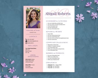 Plantilla de currículum rosa para hermandad con foto, plantilla de currículum con monograma morado y cartas de presentación, currículum para eventos sociales universitarios, paquete de hermandad