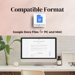 May include: A white desk with a computer monitor displaying a Google Docs document titled "Balloon Decor - Pinterest". The document includes text and a client information section. A white picture frame, a small airplane figurine, and a glass jar are on the desk. A green plant is in a pot on the left side of the desk. The background is a white brick wall.