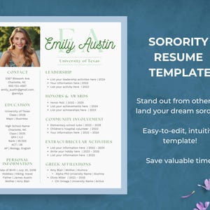 May include: Sorority resume template with a photo of Emily Austin. The resume includes sections for contact information, education, leadership, honors, community involvement, extracurricular activities, and Greek affiliations. The text reads "SORORITY RESUME TEMPLATE" and "Stand out from others to land your dream sorority!"
