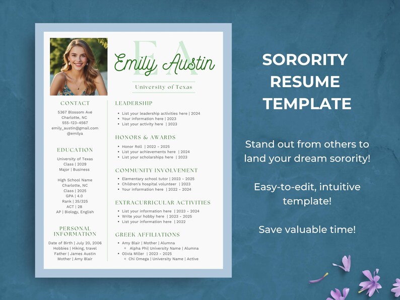 May include: Sorority resume template with a photo of Emily Austin. The resume includes sections for contact information, education, leadership, honors, community involvement, extracurricular activities, and Greek affiliations. The text reads "SORORITY RESUME TEMPLATE" and "Stand out from others to land your dream sorority!"