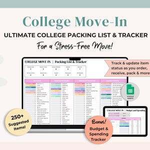 May include: A digital college move-in packing list and tracker displayed on a laptop and tablet. The screen shows a detailed checklist with categories and suggested items. The image includes the text "College Move-In" and "Ultimate College Packing List & Tracker".