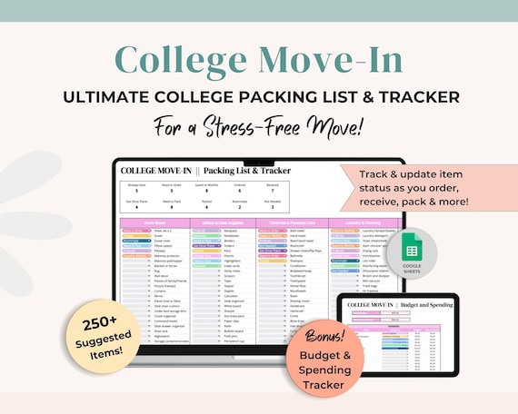 Editable College Packing List Item Status Tracker | Dorm Room Essentials Supplies Checklist | University Student Moving List | Google Sheets