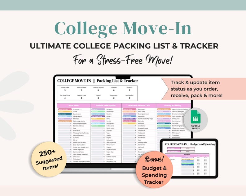 May include: A digital college move-in packing list and tracker displayed on a laptop and tablet. The screen shows a detailed checklist with categories and suggested items. The image includes the text "College Move-In" and "Ultimate College Packing List & Tracker".