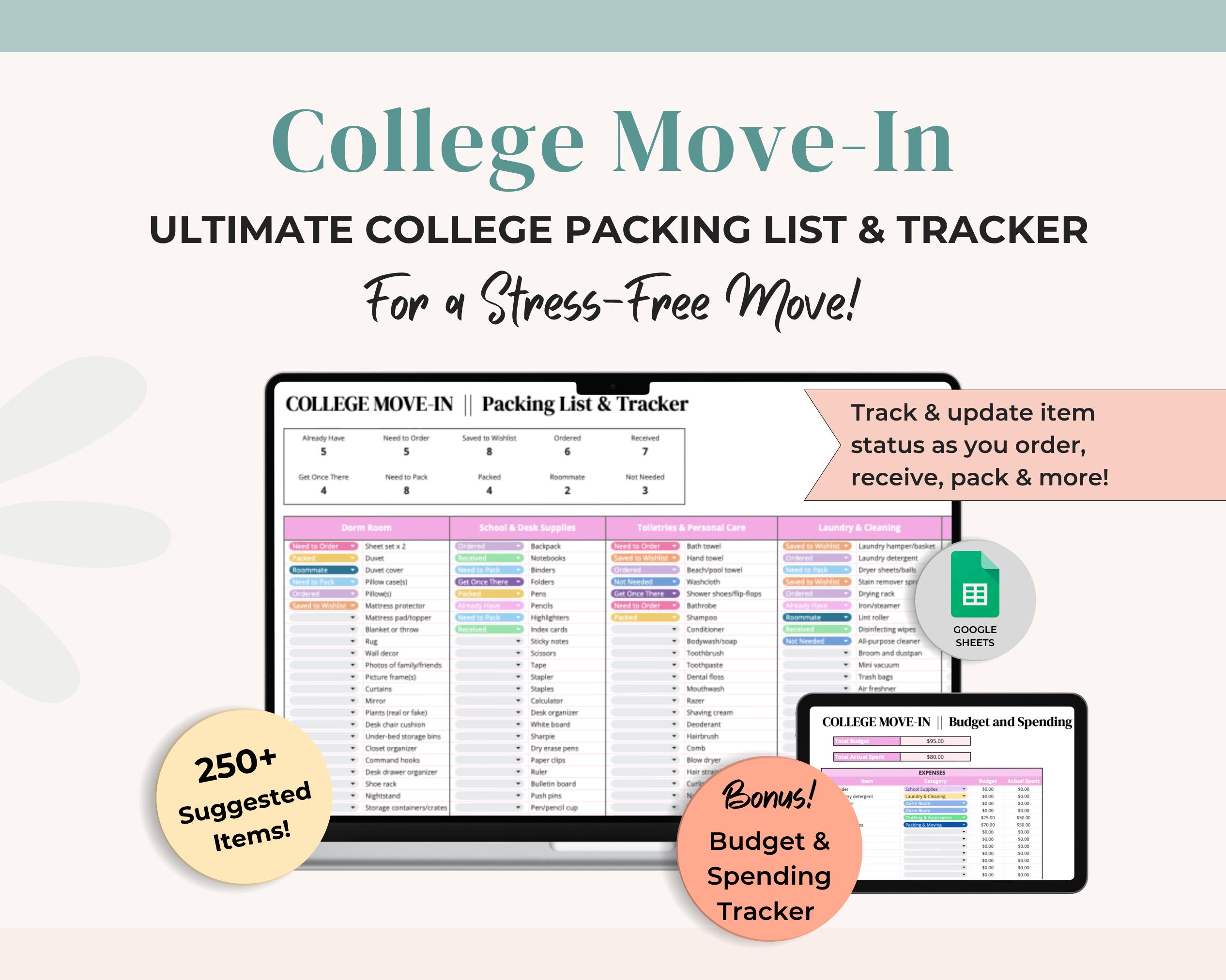 Editable College Packing List Item Status Tracker | Dorm Room Essentials Supplies Checklist | University Student Moving List | Google Sheets