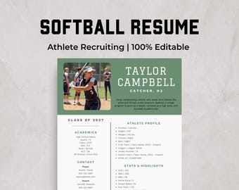 Softball Baseball Resume Template for College Recruiting | Sports Resume | Player Profile Sheet | Student Athlete Resume | Editable in Canva