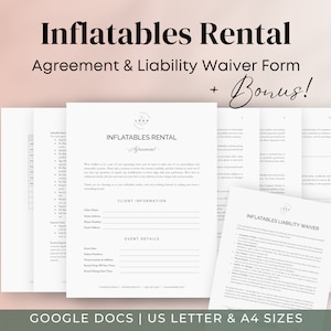 Può includere: Un modello di documento Google Docs stampabile per un contratto di noleggio di gonfiabili e un modulo di esonero di responsabilità. Il documento include sezioni per le informazioni del cliente, i dettagli dell'evento e un'esenzione di responsabilità.