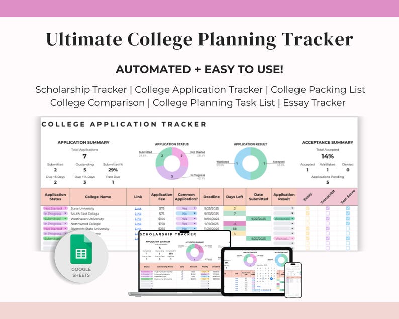 May include: A digital college planning tracker with the text "Ultimate College Planning Tracker" and "Automated + Easy to Use!". The image shows a spreadsheet on a laptop, tablet, and phone, with charts and tables for tracking applications and scholarships.