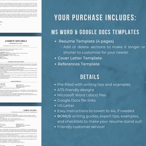Może przedstawiać: Niebiesko-biała grafika z tekstem "Tw&oacute;j zakup zawiera: Szablony MS Word i Google Docs" oraz listą funkcji, w tym szablon CV, szablon listu motywacyjnego, szablon referencji, wstępnie wypełnione wskaz&oacute;wki dotyczące pisania i przykłady, projekty przyjazne dla ATS, pliki Microsoft Word (.docx), linki do plik&oacute;w Google Docs, list US, łatwe instrukcje konwersji do formatu A4, jeśli to konieczne, dodatkowe przewodniki po pisaniu, wskaz&oacute;wki ekspert&oacute;w, przykłady i listy kontrolne, aby Twoje CV wyr&oacute;żniało się, a także przyjazną obsługę klienta.