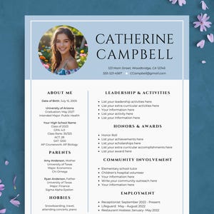 Sorority Resume Template with Photo, Editable Blue Rush Resume Template & Sample Cover Letters, College Social Resume, Sorority Rush Packet